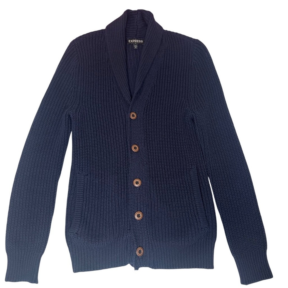 Express Fisherman Shawl Collar Cardigan Sweater Navy Blue Ribbed Knit MEDIUM - Picture 3 of 9